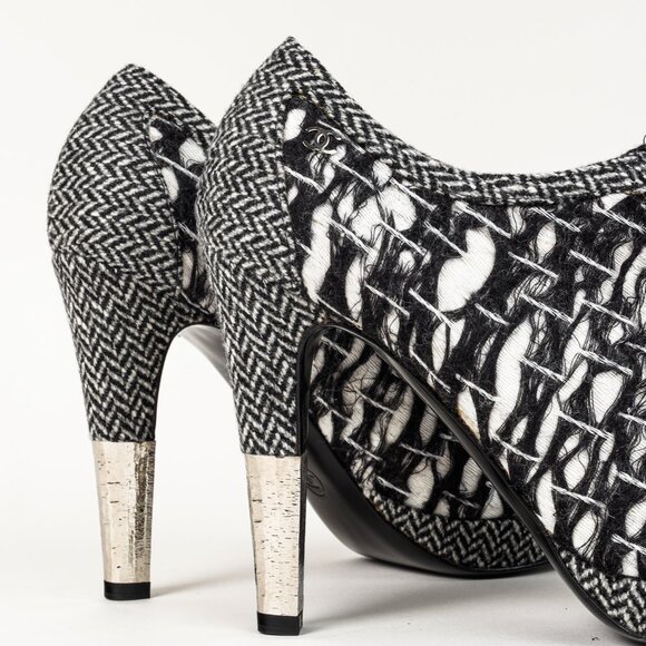 Chanel G27462 Wool Tweed Lace Up Silver Heel Booties - Picture 9 of 13